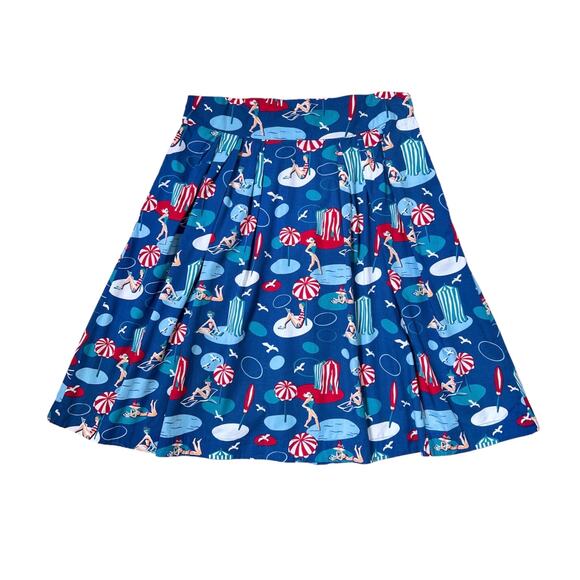Emily & Fin Women’s A-Line Cotten Skirt XXL UK18 Pockets Retro Beach Print Blue - Picture 1 of 8